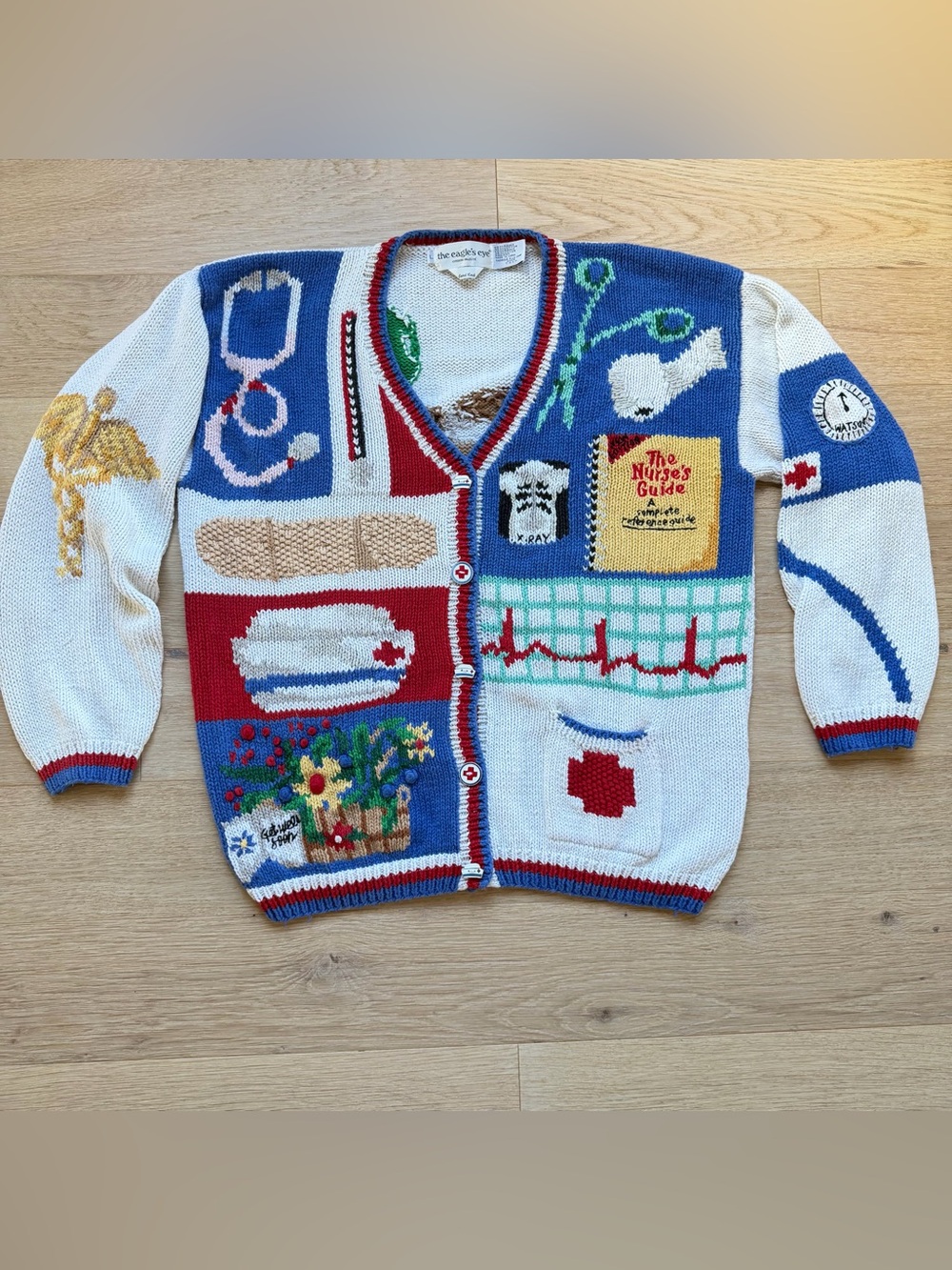 Vintage 1994 The Eagle’s Eye Nurse Teddy Bear Hand Knit Cardigan L